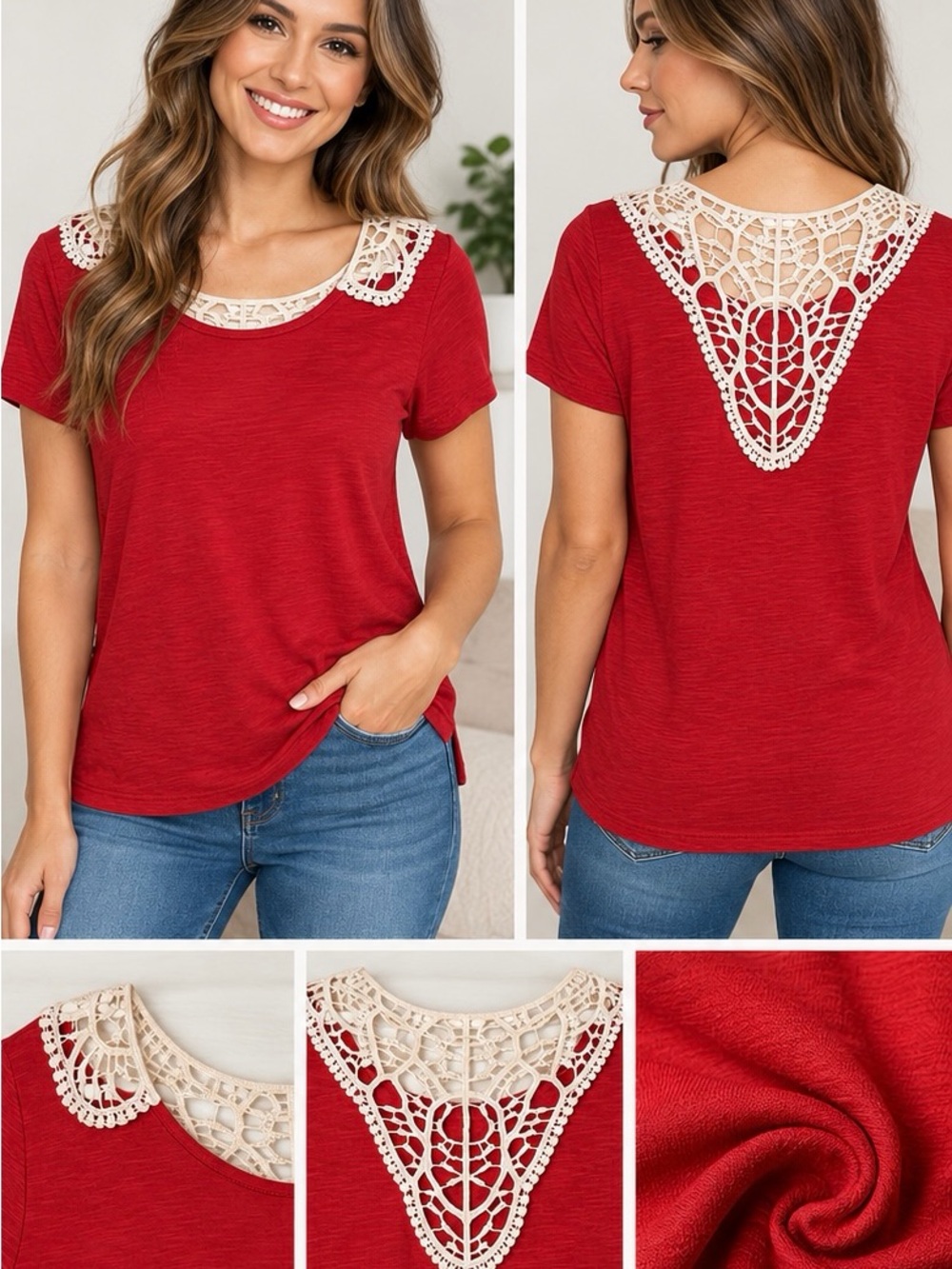 Women’s Red Tee with Crochet Lace Collar Back Short sleeve blouse top. Medium